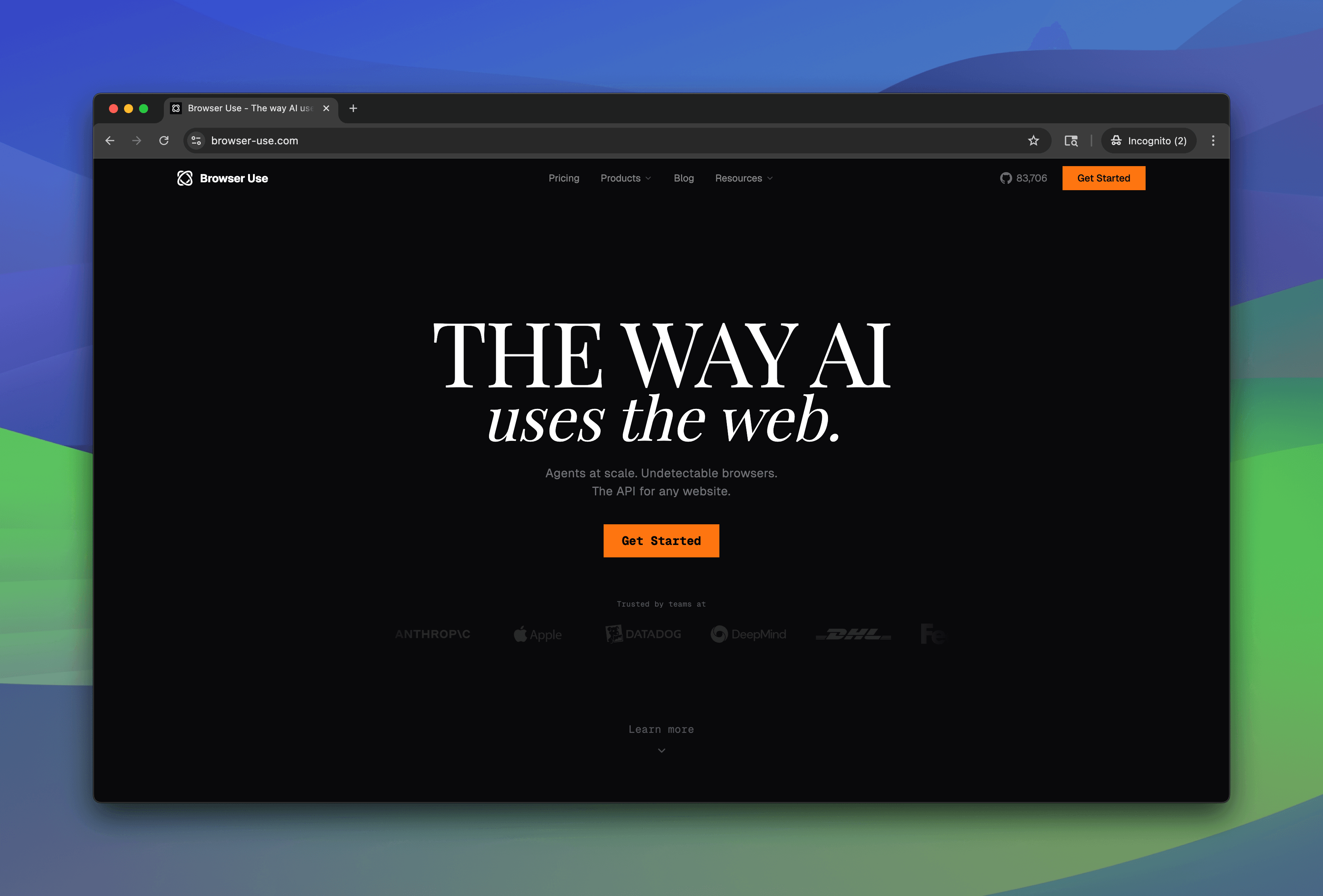 Browser Use homepage showing 'The Way AI uses the web' with trusted companies including Meta, Microsoft, OpenAI, SAP, and Airbyte