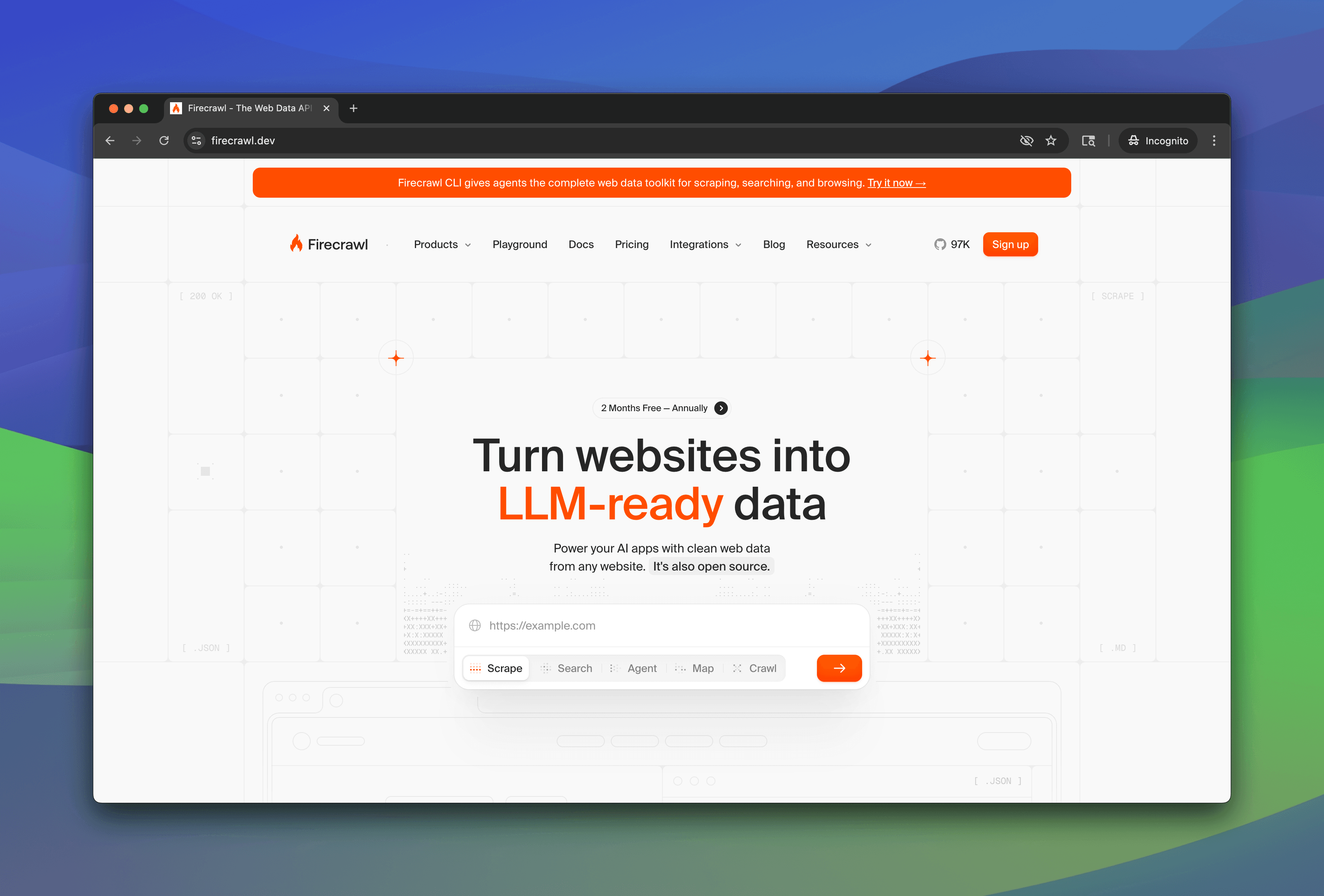 Firecrawl web scraping API homepage showing 'Turn websites into LLM-ready data'