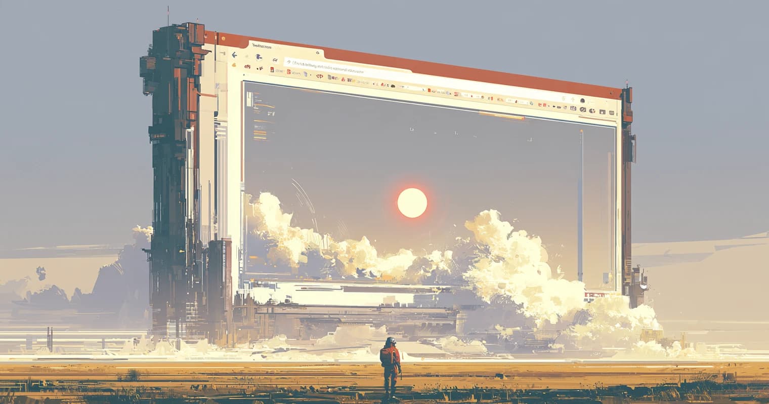 A giant browser window with tabs and an address bar towers above a tiny figure on a pale, open plain.