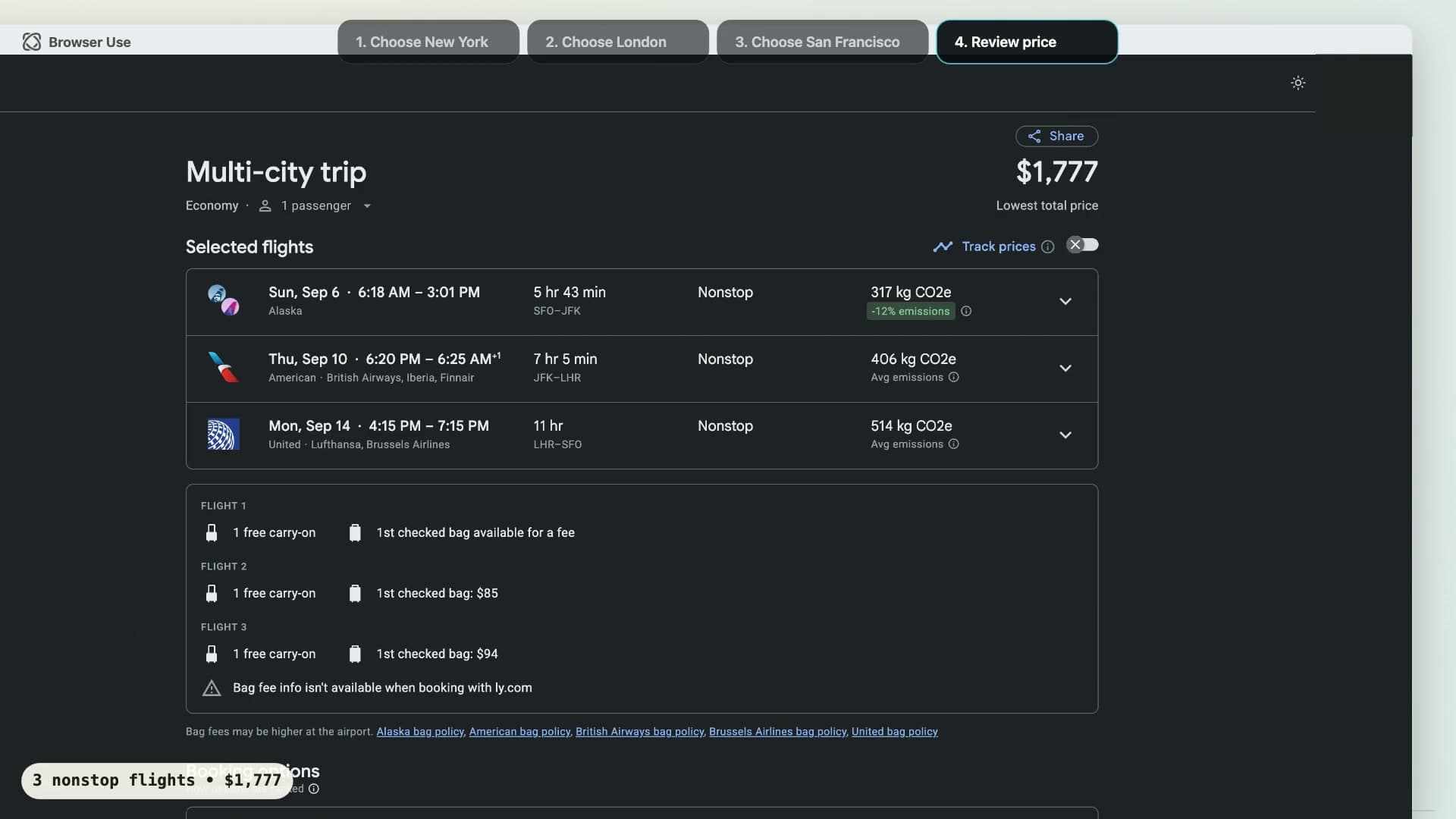 Compare a Multi-City Flight - Browser Use demo