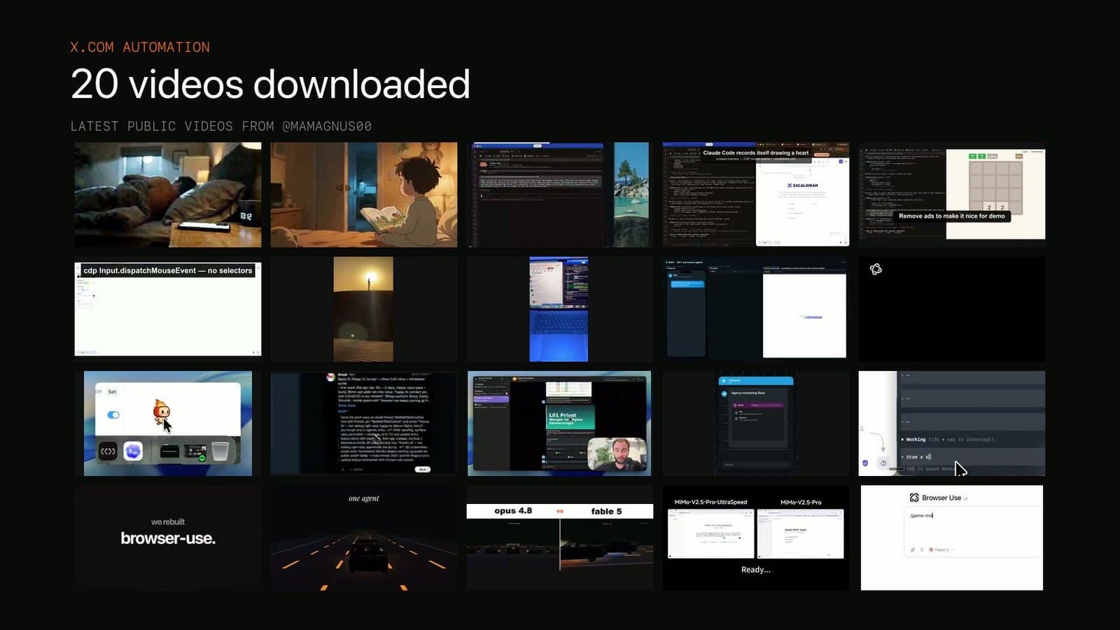 Download my latest 20 X videos - Browser Use demo