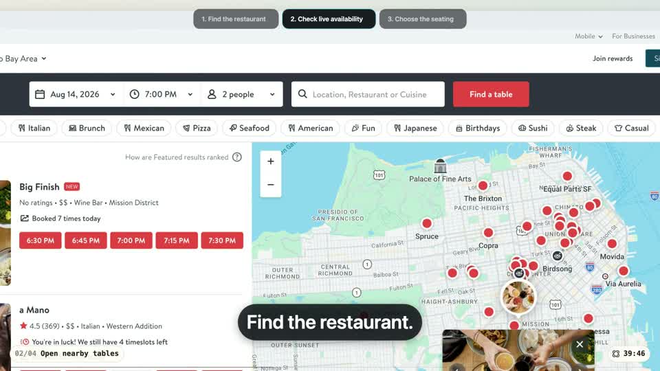 Find a Live Restaurant Table demo preview