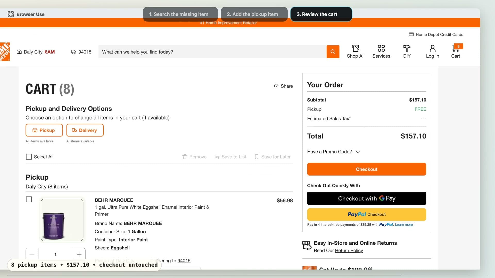Finish a Home Depot Pickup Cart - Browser Use demo