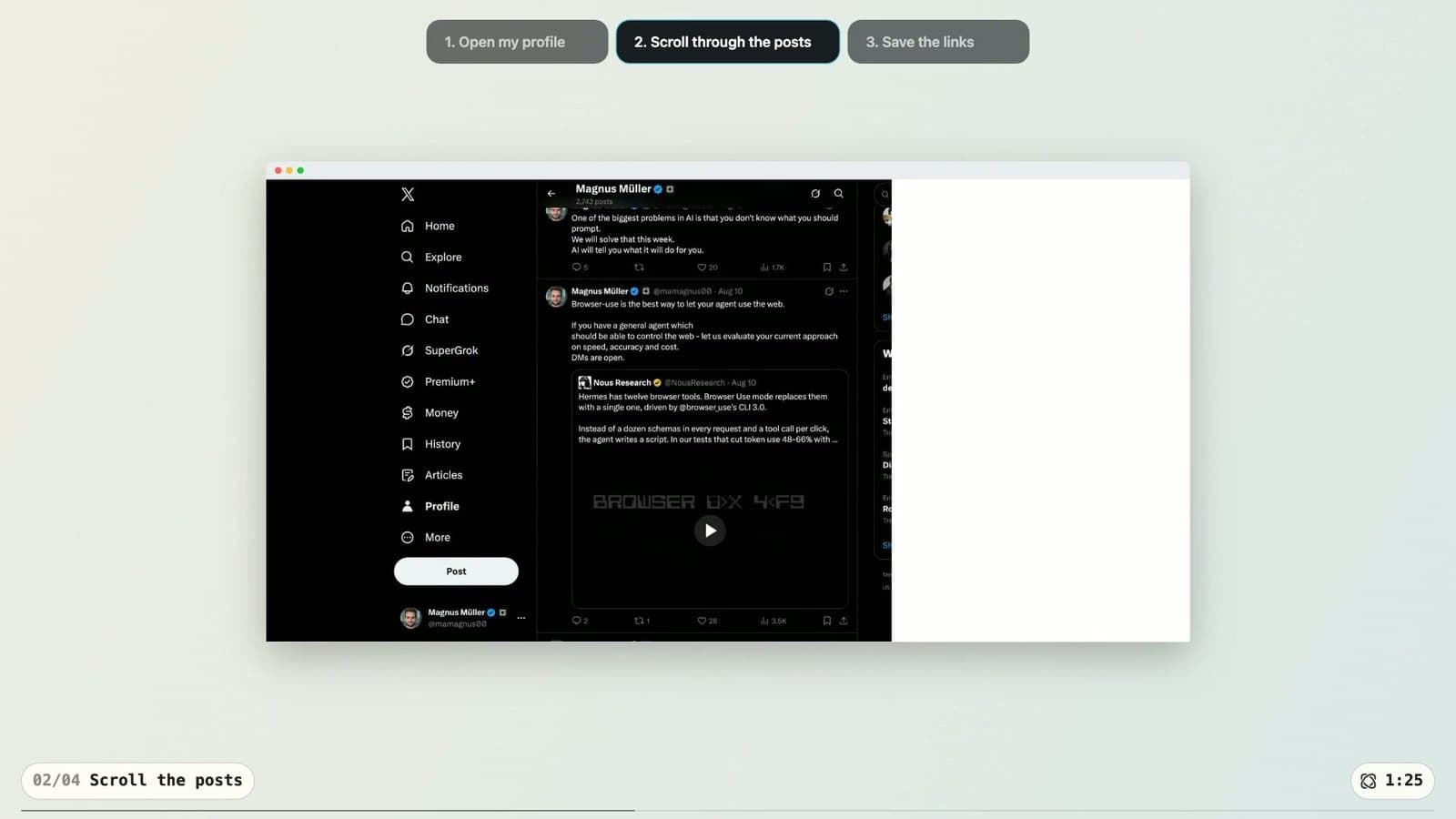 Extract latest posts on X - Browser Use demo