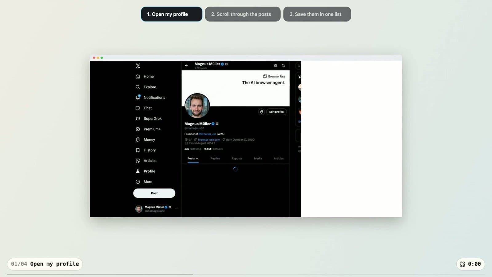 Export my X posts for content planning - Browser Use demo