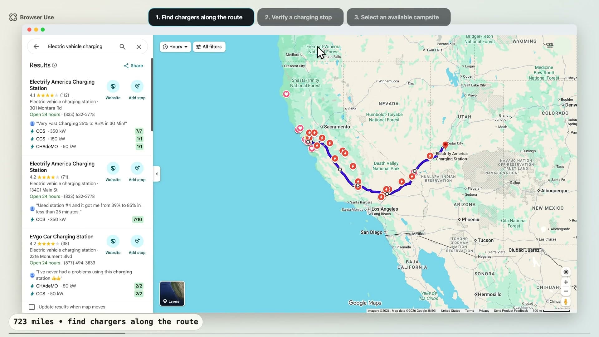 Plan an EV Road Trip - Browser Use demo