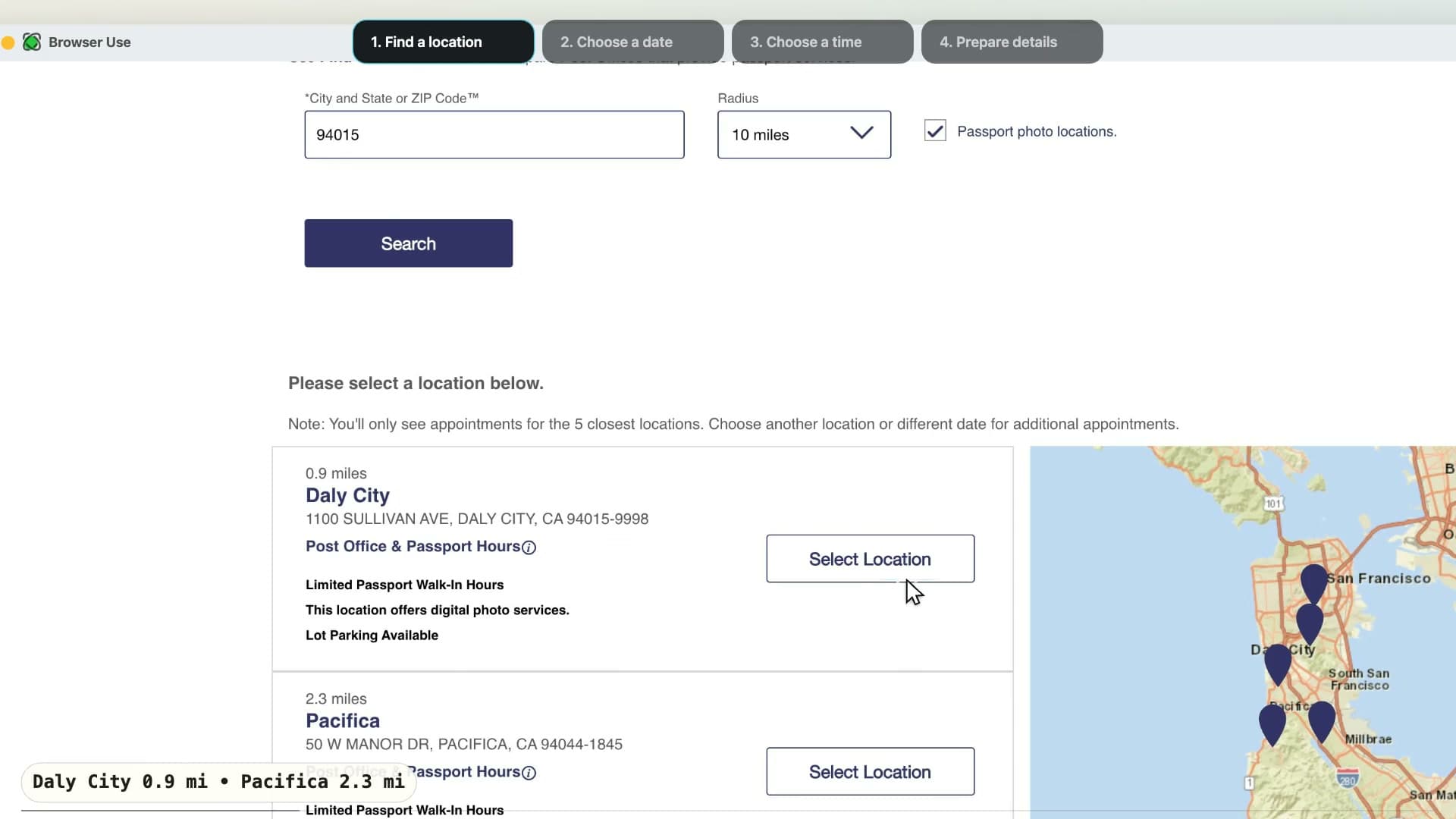 Prepare a Passport Appointment - Browser Use demo