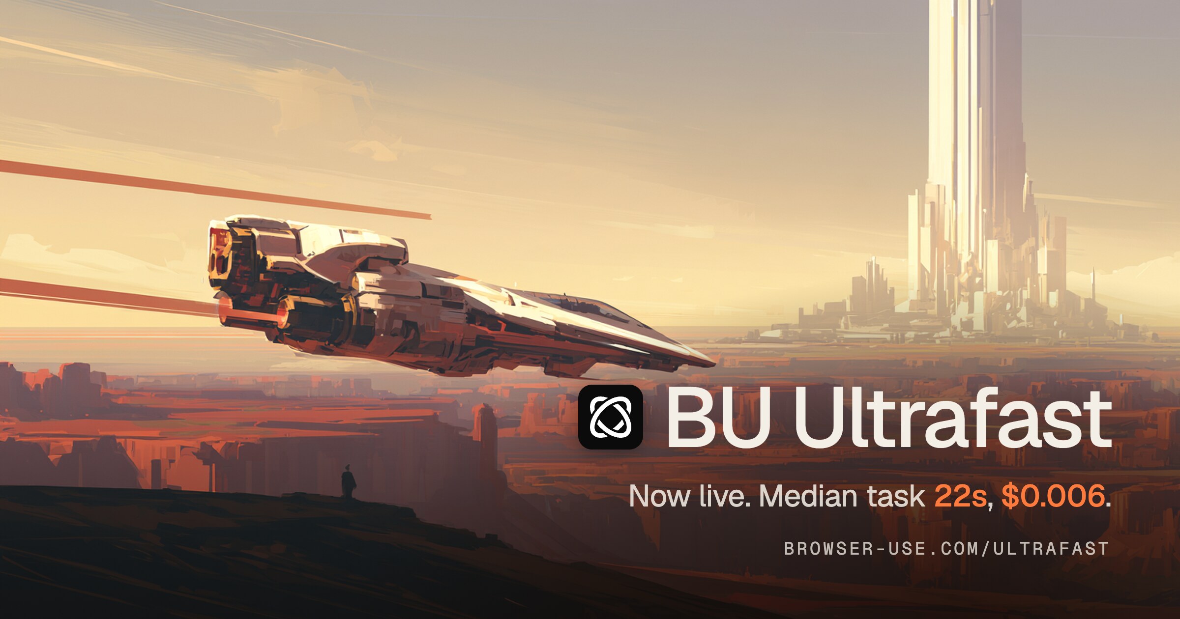 BU Ultrafast: a white craft racing over red canyons, median task 22s, $0.006