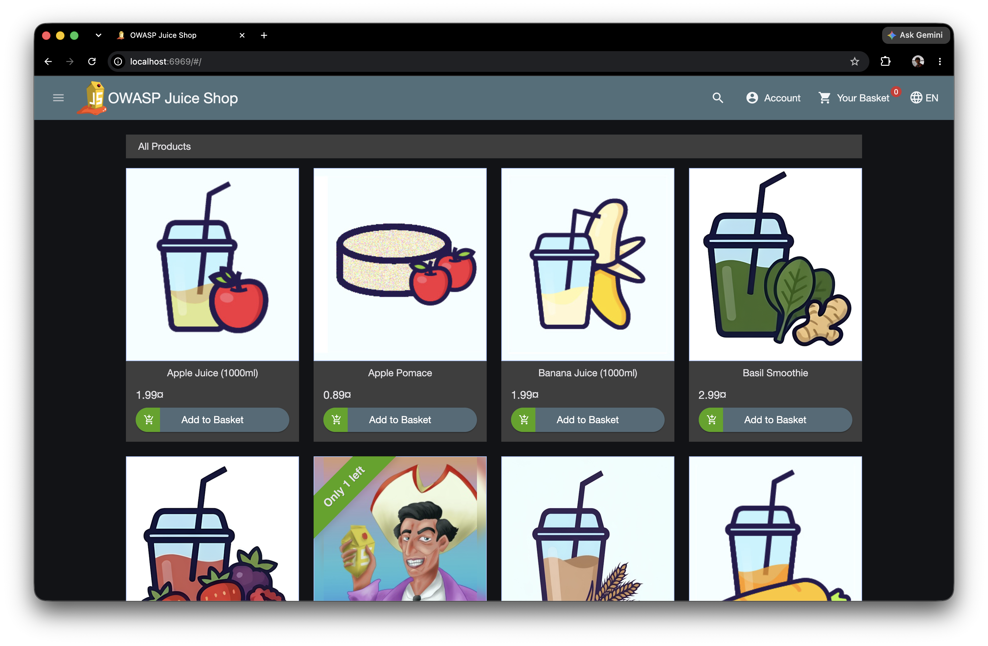 OWASP Juice Shop の製品グリッドに「カゴに入れる」ボタン、アカウントナビゲーション、チェックアウト用のカートが表示された画面